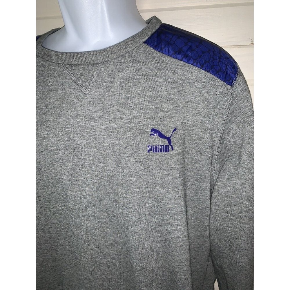 PUMA Sz LARGE Sweatshirt Mens Sport Lifestyle L/S Gray Blue Croc Trim Logo EUC